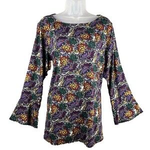 Susan Graver Boho Floral Bell Sleeve Top 1X Jewel Tone Soft Stretch Pullover